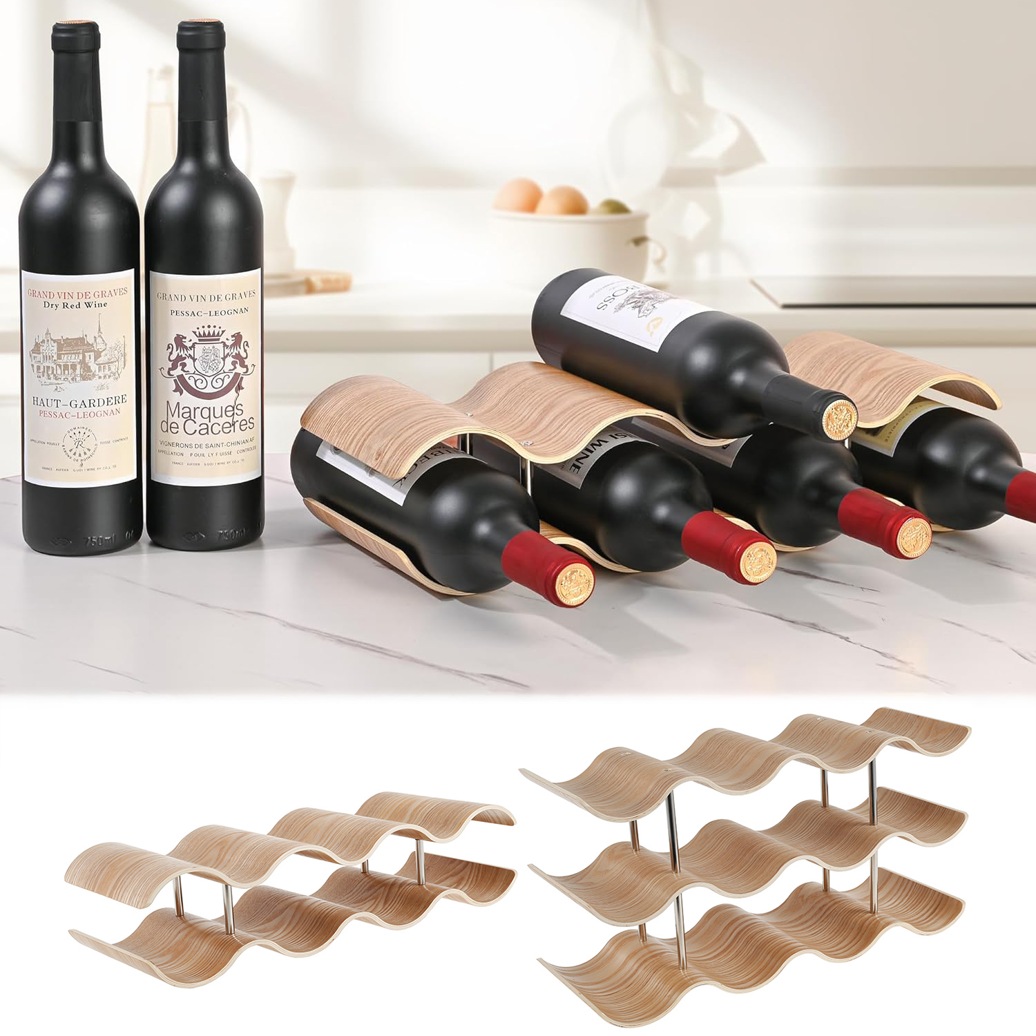 Commercial Kitchen Organiser - 2/3-Tier Wooden Wine Rack Wavy Wine